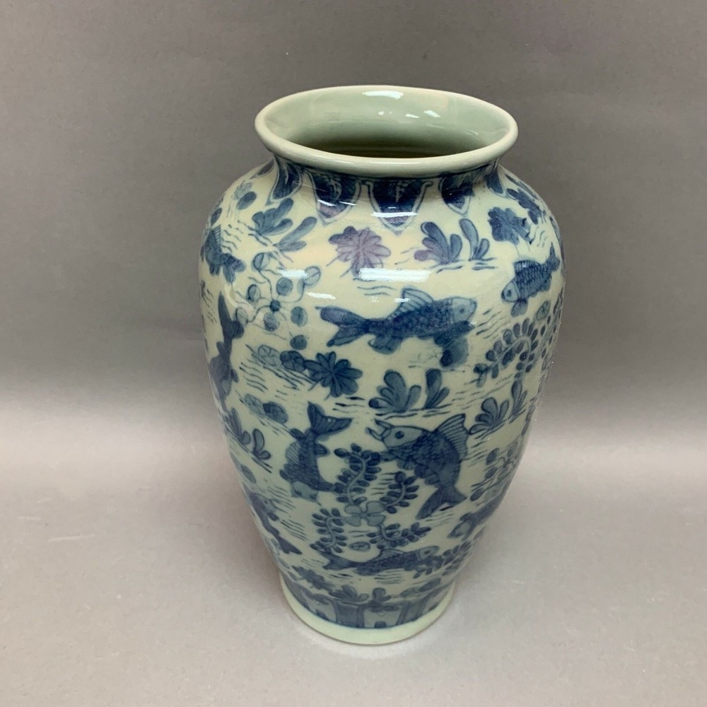 Green Blue Koi Fish Patterned Vase 9‎ 3/4" High